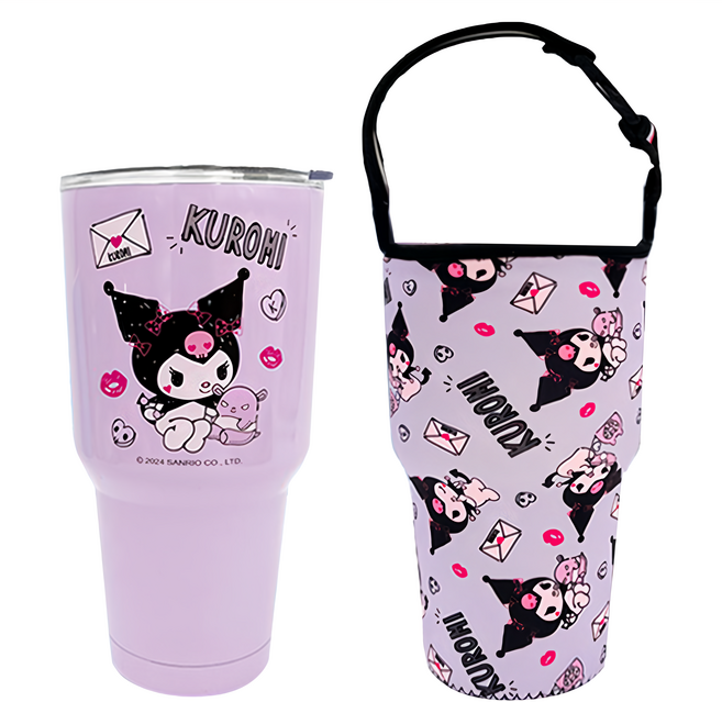 三麗鷗 KUROMI 酷洛米 900ml 真空斷熱不鏽鋼 冰霸杯 附手提杯套 信封款 紫色 1個