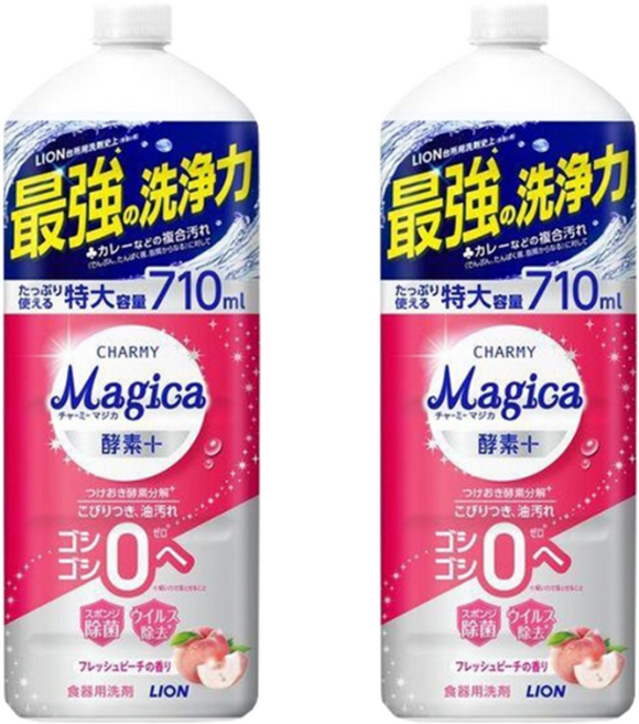 LION 獅王 CHARMY Magica 速乾除菌洗碗精 補充瓶 酵素蜜桃, 710ml, 2瓶
