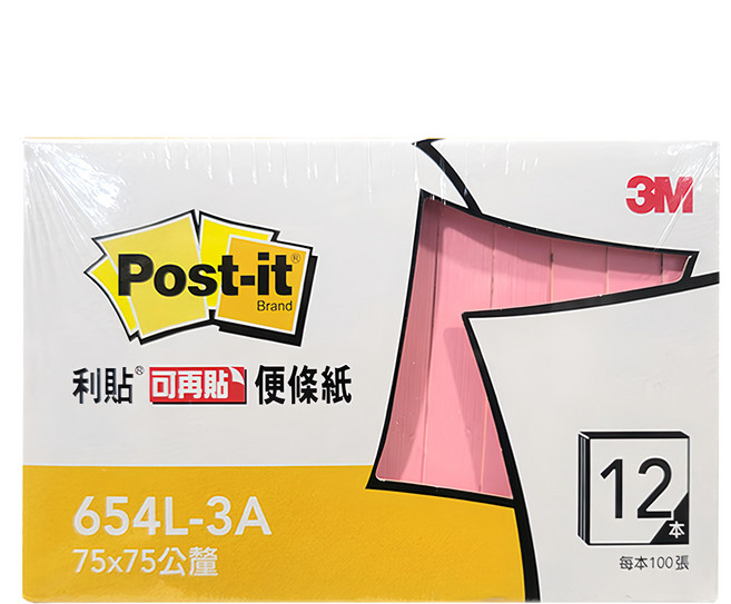 3M Post-it 利貼 可再貼便條紙 654L-3A 100張, 粉色, 1盒, 12本