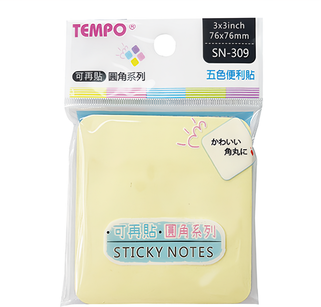TEMPO 節奏牌 圓角五色便利貼 76 x 76mm, 黃色 + 粉色 + 藍色 + 綠色 + 紫色, 6入, 1組
