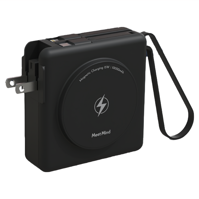 Meet Mind 多合一快充行動電源 10000mAh 磁吸無線 自帶雙線 摺疊插頭 22W Max, KP-SUPER7, 黑色