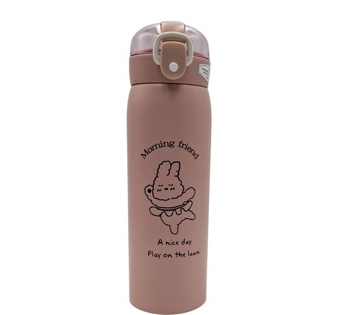 可愛動物 兒童保溫水壺 附矽膠吸管, 粉色, 500ml, 1個