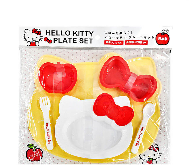 OSK Hello Kitty 塑膠臉型餐盤湯叉組 日本製造, 餐盤 + 3個碗 + 叉子 + 湯匙, 白色 + 紅色 + 黃色, 1組