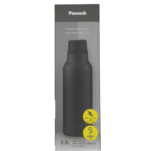 Peacock 日本孔雀 氣泡水/汽水/碳酸飲料專用316不鏽鋼保溫杯 抗菌加工 AJH-80-B, 磨砂黑, 800ml, 1個