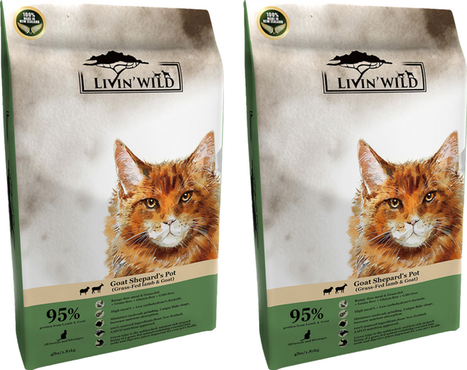 LIVIN'WILD 野宴 全齡貓 無穀配方 乾飼料 紐西蘭全新天然糧 薄片外型, 1810g, 2袋, 草飼羊 + 野牧山羊
