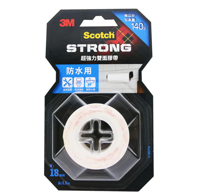3M Scotch 超強力雙面膠帶 防水用 V1807N 18mm x 1.5m, 紅色, 1捲