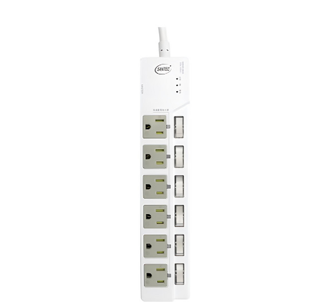 Santec 7開6插電流過載警示延長線, 1.8m, 白色, 1個