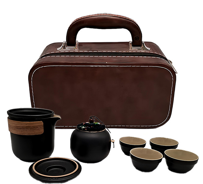 BOACUP 旅行茶具皮箱, 1組, 茶杯4個 + 茶盤 + 茶壺, 純黑