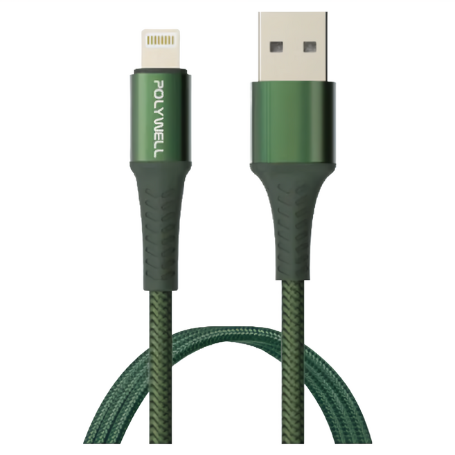 POLYWELL 寶利威爾 USB-A-Lightning 公對公 編織充電線 PW15-W45-A279, 綠色, 1條