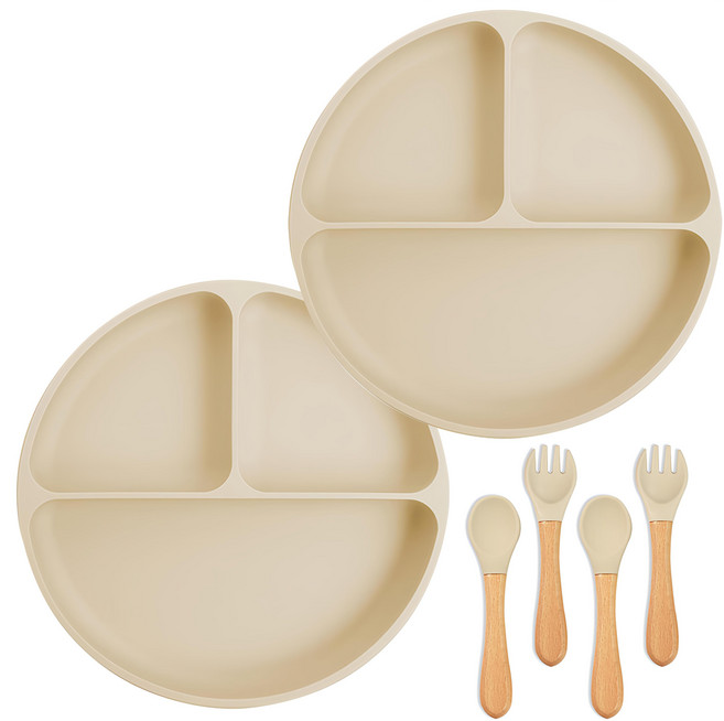 AHOYE 食品級 學習餐具/兒童餐具 不含BPA, 2組, 米白色, 矽膠餐盤 + 湯匙 + 餐叉