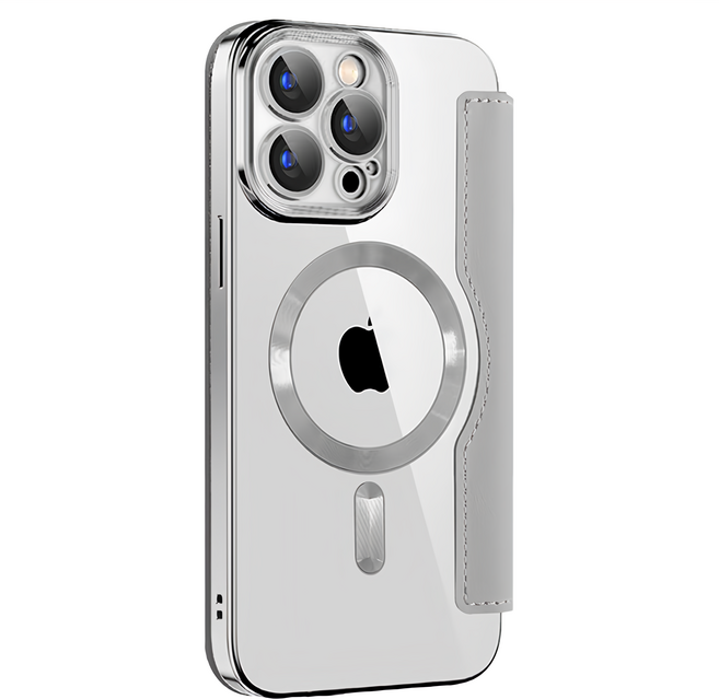 無品牌 手機 翻蓋 保護皮套 iPhone 16 磁吸支架 支援MagSafe 皮紋 鈦灰色