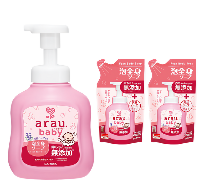SARAYA arau. 愛樂寶 無添加洗髮沐浴泡泡組 洗沐泡泡 450ml 1瓶 + 補充包 400ml 2包, 1250ml, 1組