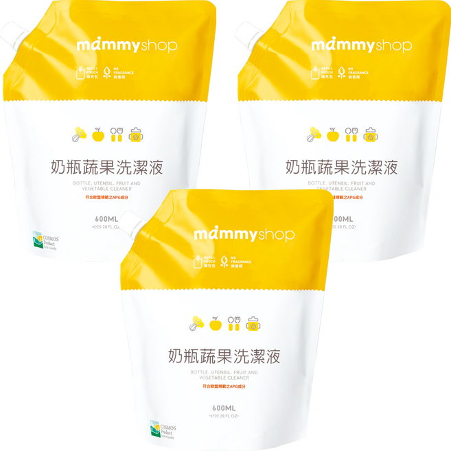 mammyshop 媽咪小站 奶瓶蔬果洗潔液補充包, 600ml, 3包