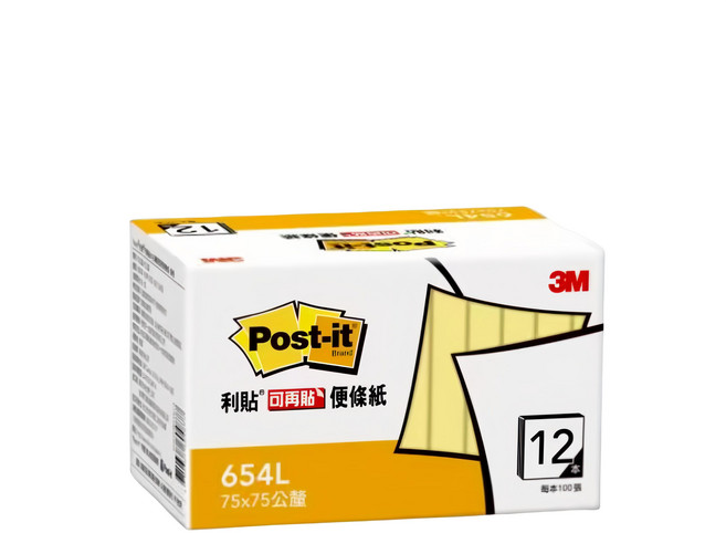 3M Post-it 利貼 可再貼備環保經濟包便條紙 654L, 黃色, 1盒, 12本
