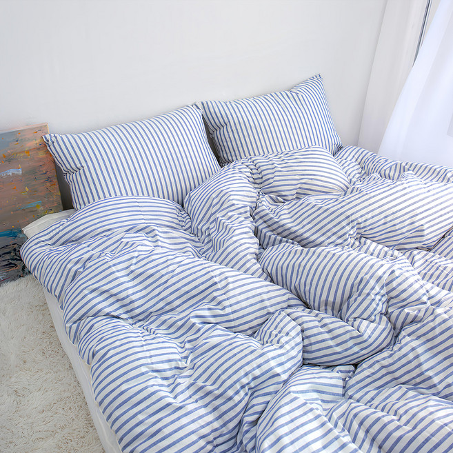 yesbedding 純粹條紋純棉飯店寢具兩用被, 藍色