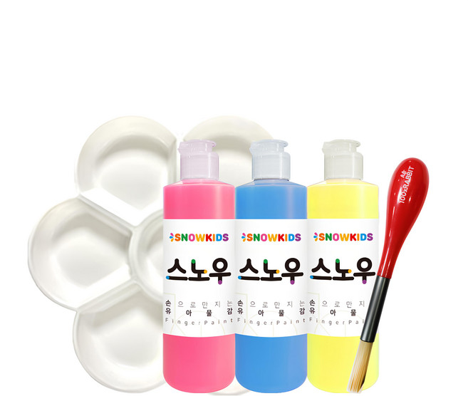 SNOWKIDS 雪花兒童手指畫顏料 250ml A套組 + 花瓣調色盤 + 畫筆 顏色隨機, 3色