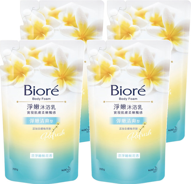 Biore 蜜妮 彈嫩清爽 淨嫩沐浴乳 補充包 緬梔花香, 700g, 4包