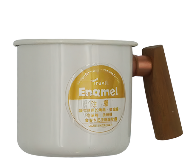 Truvii 趣味 雙色木柄琺瑯杯 柚木把手 240g 400ml, 月光白, 1個