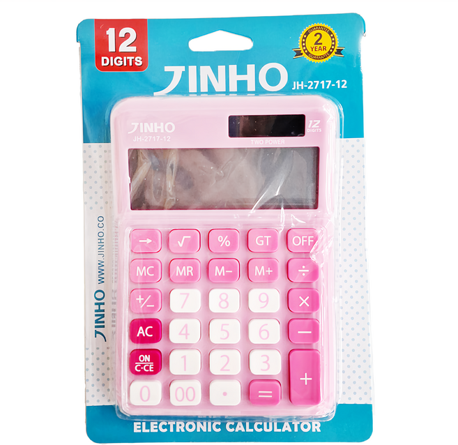 JINHO 京禾 12位元計算機 大型LCD數字顯示 太陽能/電池雙重電源, 粉色, 1個