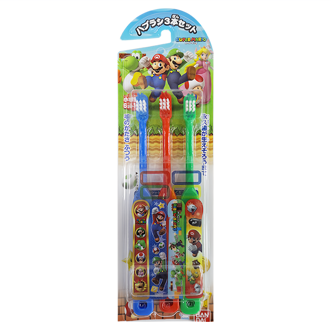 BANDAI 兒童用軟毛牙刷 附貼紙 6~12歲, 1組, 瑪利兄弟, 3支