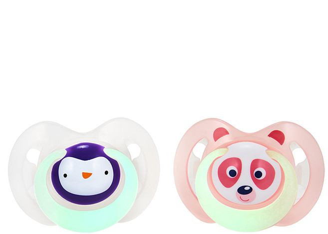 Nuby 動物圖案夜光安撫奶嘴2入組, 6~18個月, 企鵝款 + 熊貓款, 1組