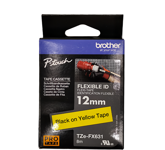 brother 兄弟牌 TZe-FX631 纜線標籤帶, 黃底黑字, 12mm