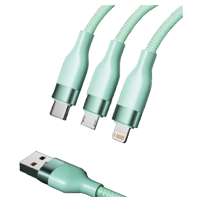biaze 畢亞茲 三合一100W快充傳輸線 5A USB-Type-C/Lightning/Micro, 1.2m, 綠色, 1條