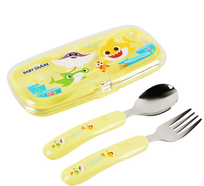 pinkfong 碰碰狐 不鏽鋼湯匙叉子餐具盒, 1組, 鯊魚家族 鯊魚寶寶 黃色, 湯匙 + 叉子 + 餐具盒