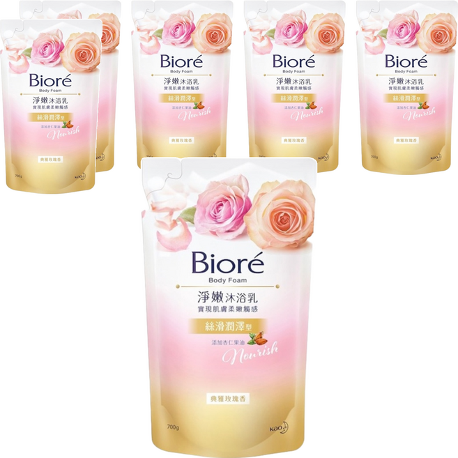 Biore 蜜妮 台灣公司貨 淨嫩沐浴乳 絲滑潤澤型 典雅玫瑰香 補充包, 700g, 6包