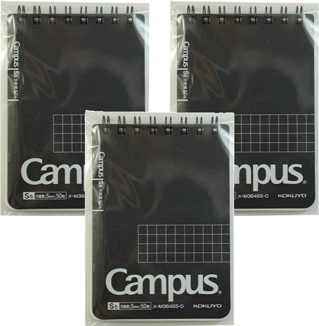 KOKUYO 國譽 Campus 大人A7線圈方格筆記本 H105 x W74mm, 黑色, 3本