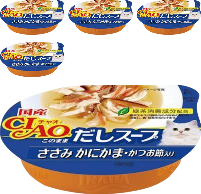 INABA CIAO 啾嚕 原湯杯, 雞肉 + 蟹肉棒 + 柴魚片, 60g, 5個