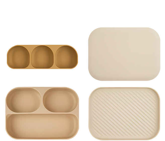 DONODONO 矽膠防滑餐具組 258 x 185 x 55mm 6個月以上, Beige, 三格餐盤 + 三格隔板 + 餐盤蓋子 + 吸盤, 1組
