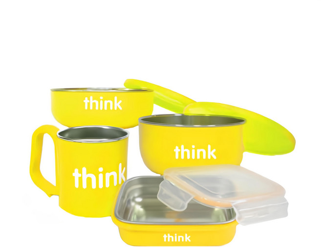 thinkbaby 環保不鏽鋼兒童餐具組, 碗 + 杯子 + 便當盒 + 湯匙, 檸檬黃, 1組