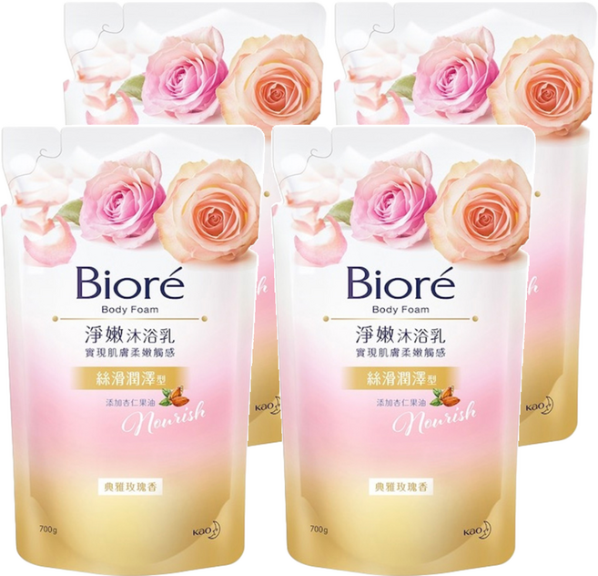 Biore 蜜妮 台灣公司貨 淨嫩沐浴乳 絲滑潤澤型 典雅玫瑰香 補充包, 700g, 4包