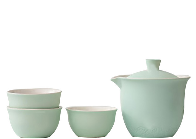 陶瓷旅行茶具組, 茶壺 + 茶杯3個 + 收納包, 淡綠色, 1組