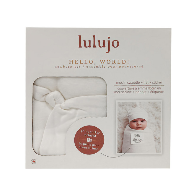 lulujo Hello World! 新生兒套裝 包括: 120cm x 120cm 70%竹粘膠纖維和30%棉紗布包巾 頂結帽 攝影貼紙