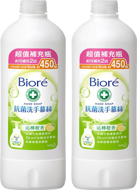 Biore 蜜妮 抗菌洗手慕絲 補充瓶 沁檸橙香, 450ml, 2瓶