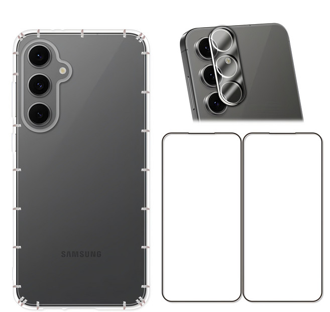 Red Moon 手機殼貼4件組 防摔手機軟殼 + 9H玻璃保貼 2個 + 3D全包鏡頭貼 SAMSUNG S24 FE適用, 透明色, 1組