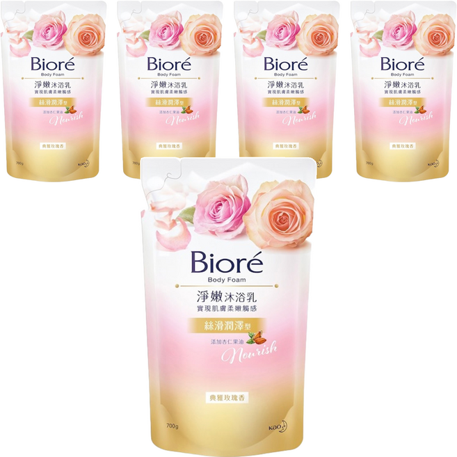 Biore 蜜妮 台灣公司貨 淨嫩沐浴乳 絲滑潤澤型 典雅玫瑰香 補充包, 700g, 5包