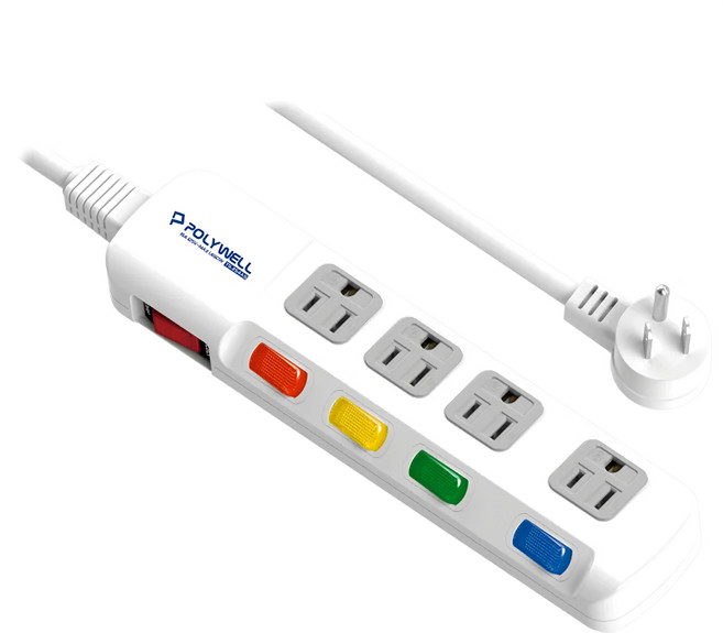 POLYWELL 寶利威爾 電源延長線5切4座 3孔 12尺 PW15-T05-B022, 360cm, 白色 + 紅色 + 黃色 + 綠色 + 藍色, 1條