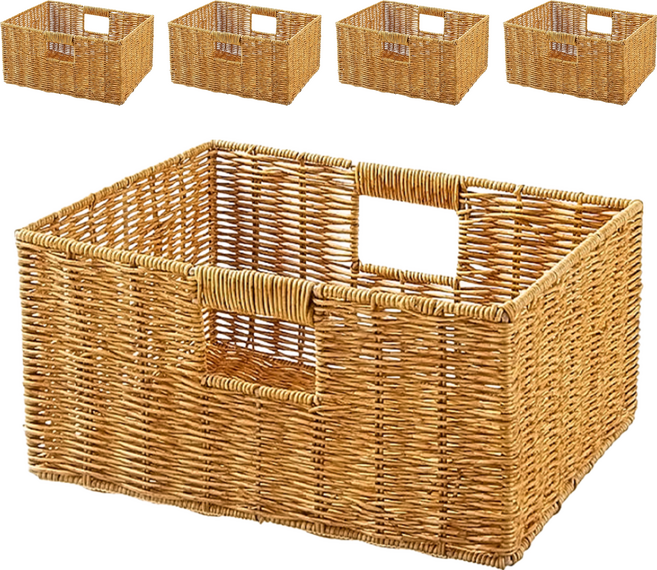 comet Home 仿藤編收納籃, 方形 棕色, 5個