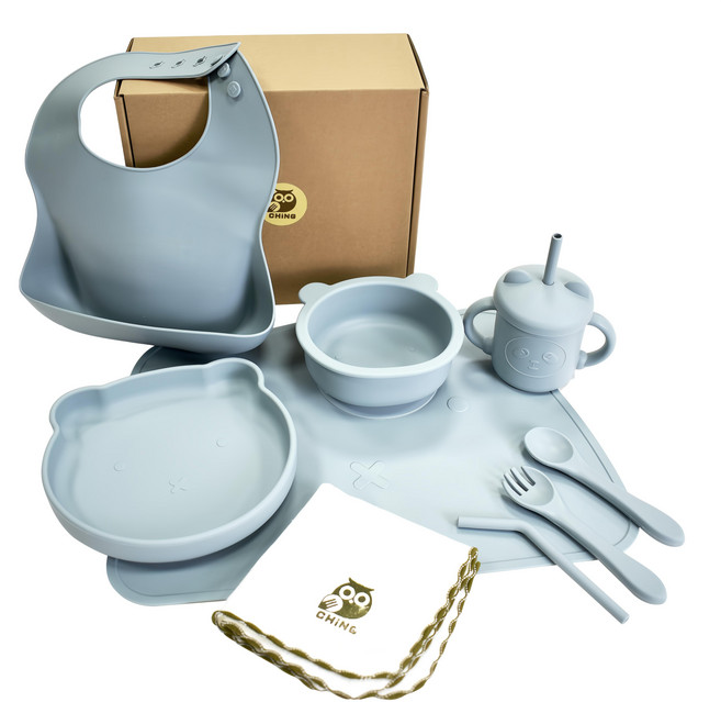 CHING-CHING 親親 兒童無毒矽膠餐具 + 方巾 台灣製 SI-05GR 21 x 19 x 9.5cm 熊熊, 1組, 灰色