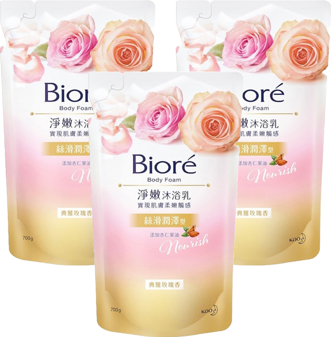Biore 蜜妮 台灣公司貨 淨嫩沐浴乳 絲滑潤澤型 典雅玫瑰香 補充包, 700g, 3包
