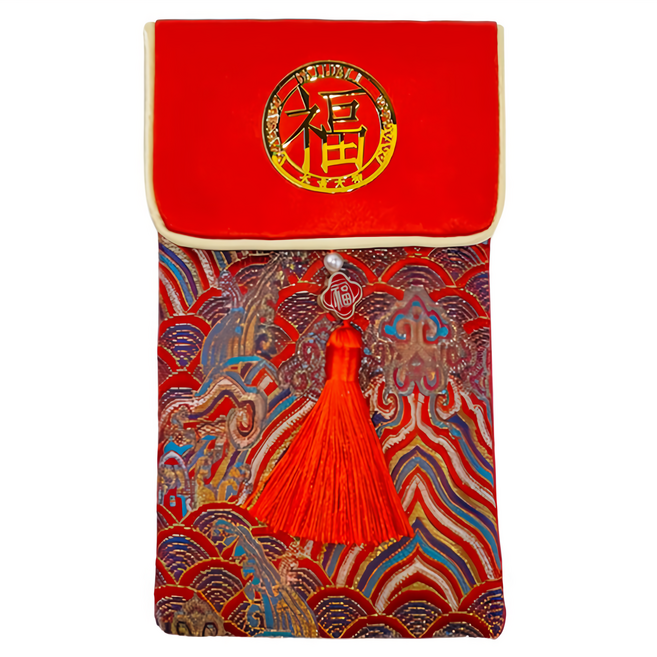 MODACore 摩達客 春節開運招財 高級綢緞直式金福字祥雲流蘇藝術紅包袋錢包