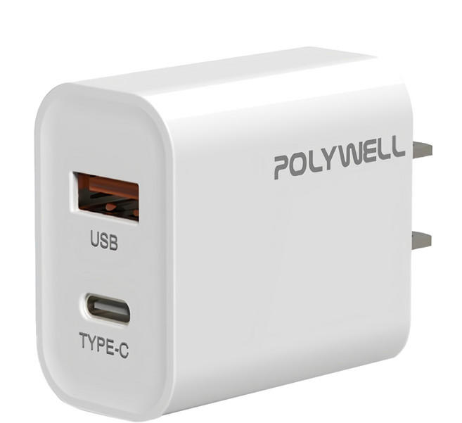 POLYWELL 寶利威爾 20W 雙孔 Type-A + Type-C 充電頭 PD快充 白色 PW15-T05-A007 1個 適用於蘋果iPhone