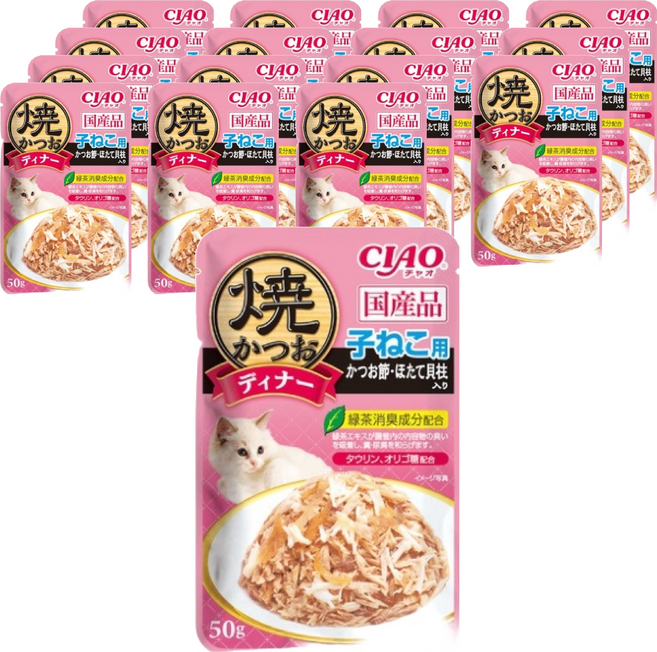 INABA CIAO 啾嚕 鰹魚燒晚餐包 幼貓用, 鰹魚 + 干貝 + 柴魚, 50g, 16包