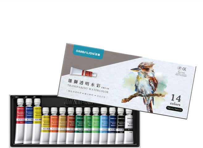SIMBALION 雄獅 透明水彩 CWC-14 7ml 3支 + 5ml 11支, 14色, 76ml