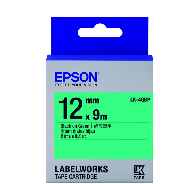 EPSON 標籤帶 LK-4GBP 12mm, 綠底黑字, 9m