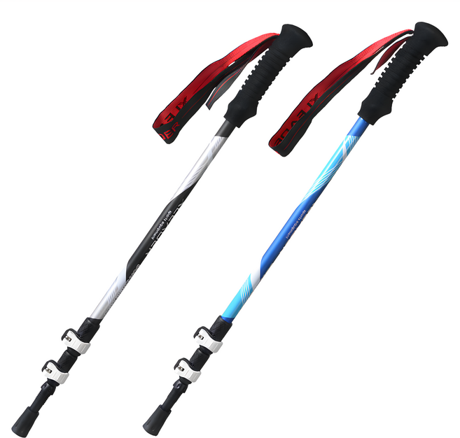 LEADER X 7075輕量鋁合金外鎖式三節登山杖2件組 附杖尖保護套 + 阻泥板, 寶藍色 + 黑灰色, 1組