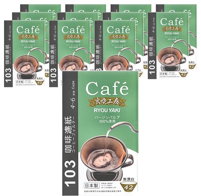 RYOU YAKI 良燒工房 無漂白扇形咖啡濾紙 103 綠盒 4~6杯用 12.5 x 3.5 x 20.4cm, 42張, 12盒